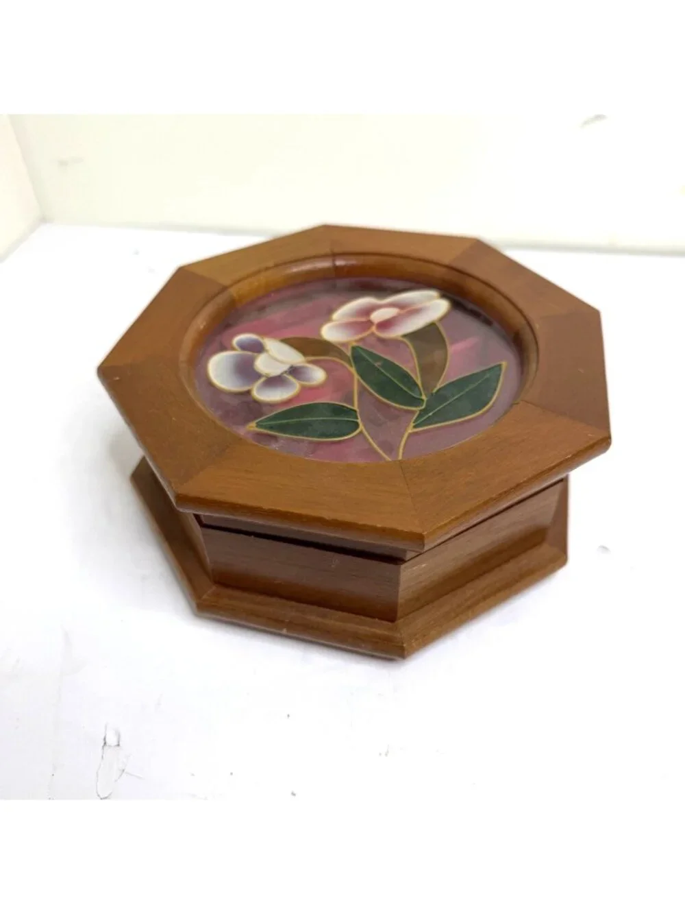 Vintage Mele Octagonal Wood w/ Pink Stained Glass Floral Lid Wooden Jewelry Box